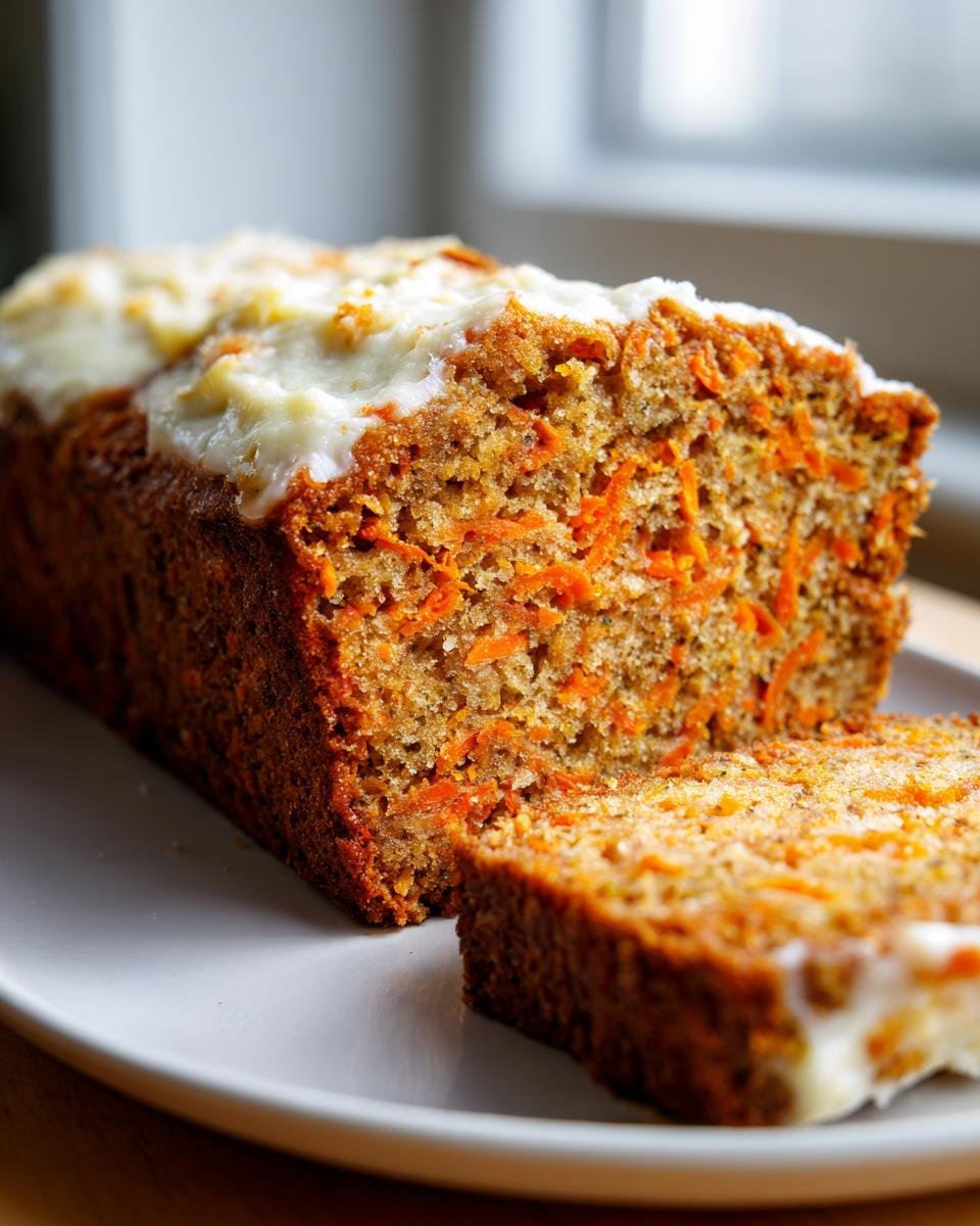A close-up of a freshly baked Carrot Loaf Cake with a thick layer of white frosting and one slice cut.