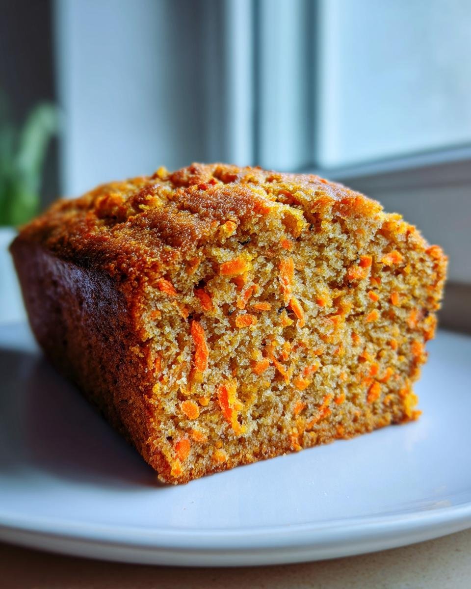 A thick slice of moist Carrot Loaf Cake showing visible shreds of bright orange carrot throughout the crumb.