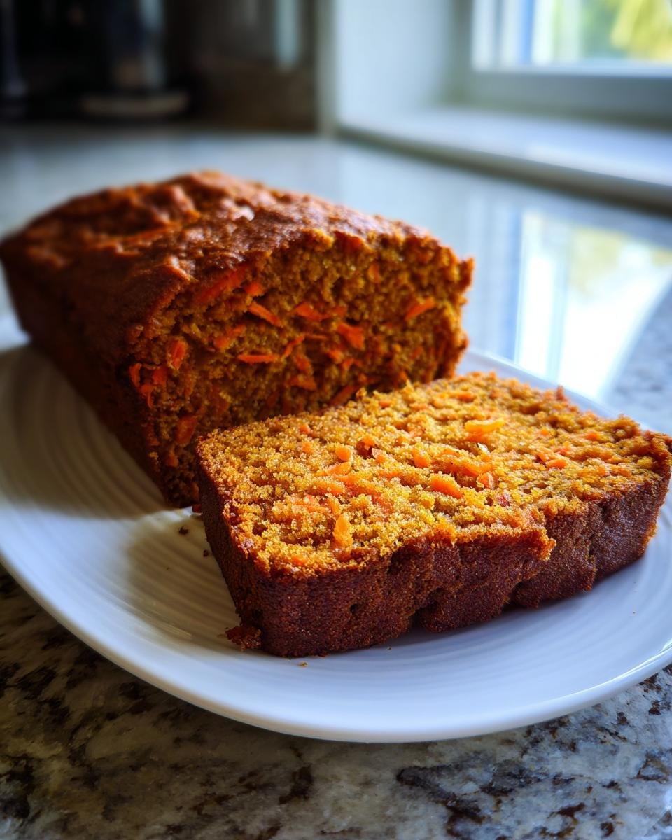 A freshly baked Carrot Loaf Cake, partially sliced, showing the moist crumb texture and shredded carrots inside.
