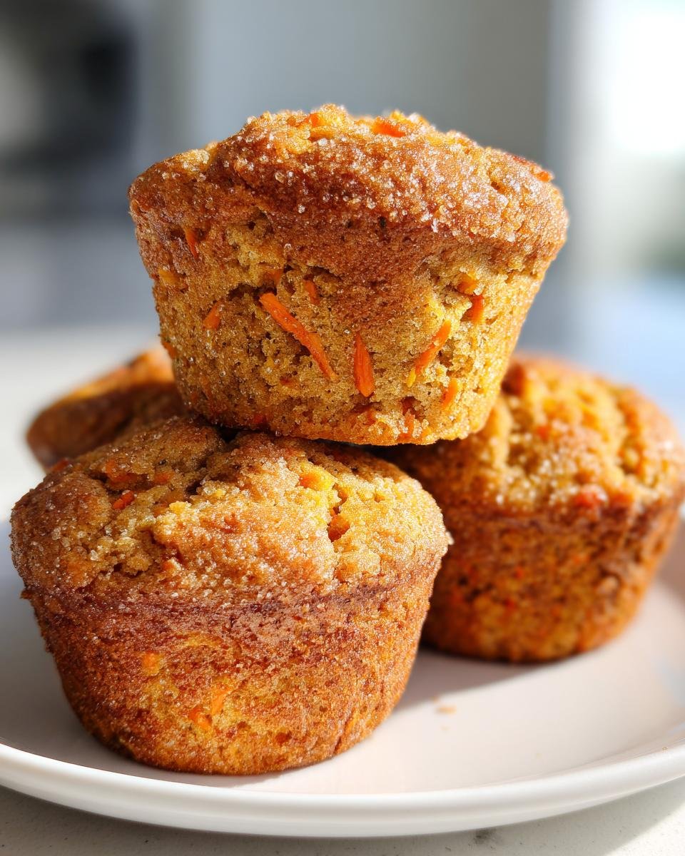 A close-up stack of three moist Carrot Muffins, featuring visible shredded carrots and a sparkling sugar topping.