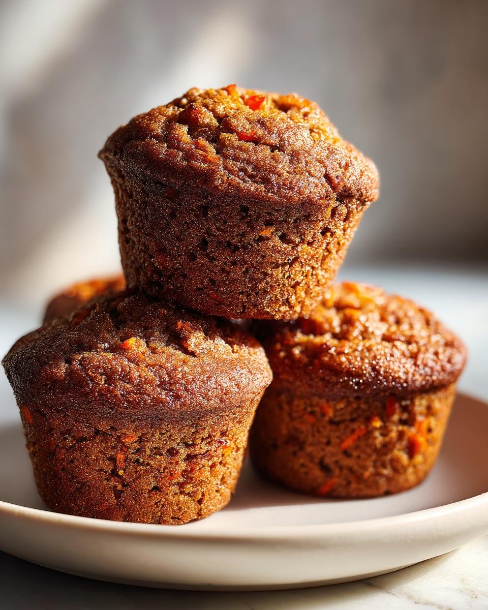 A close-up of three richly browned Carrot Muffins stacked on a light plate, showing visible shreds of carrot.