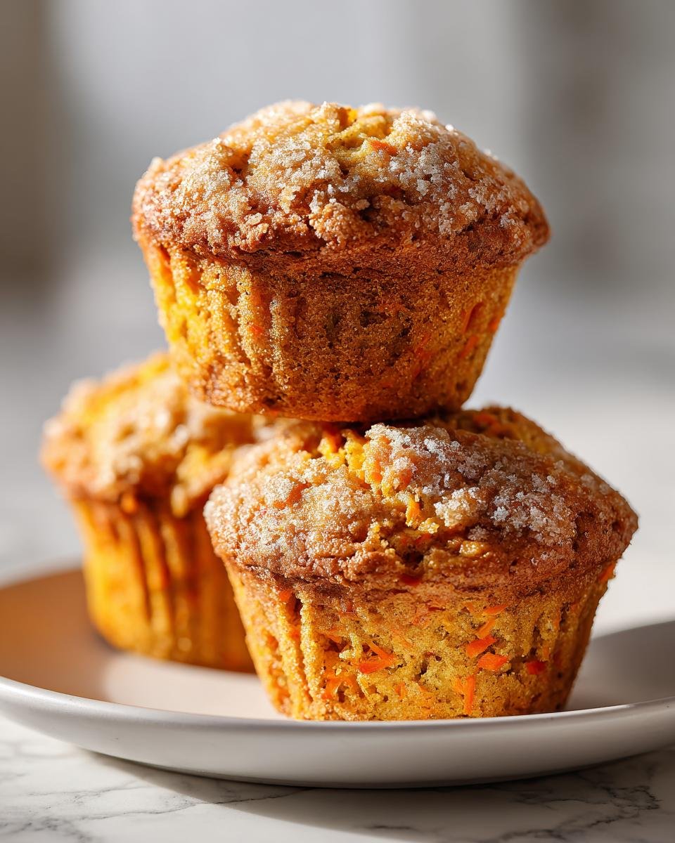 A stack of three moist Carrot Muffins topped with coarse sugar crystals, resting on a white plate.