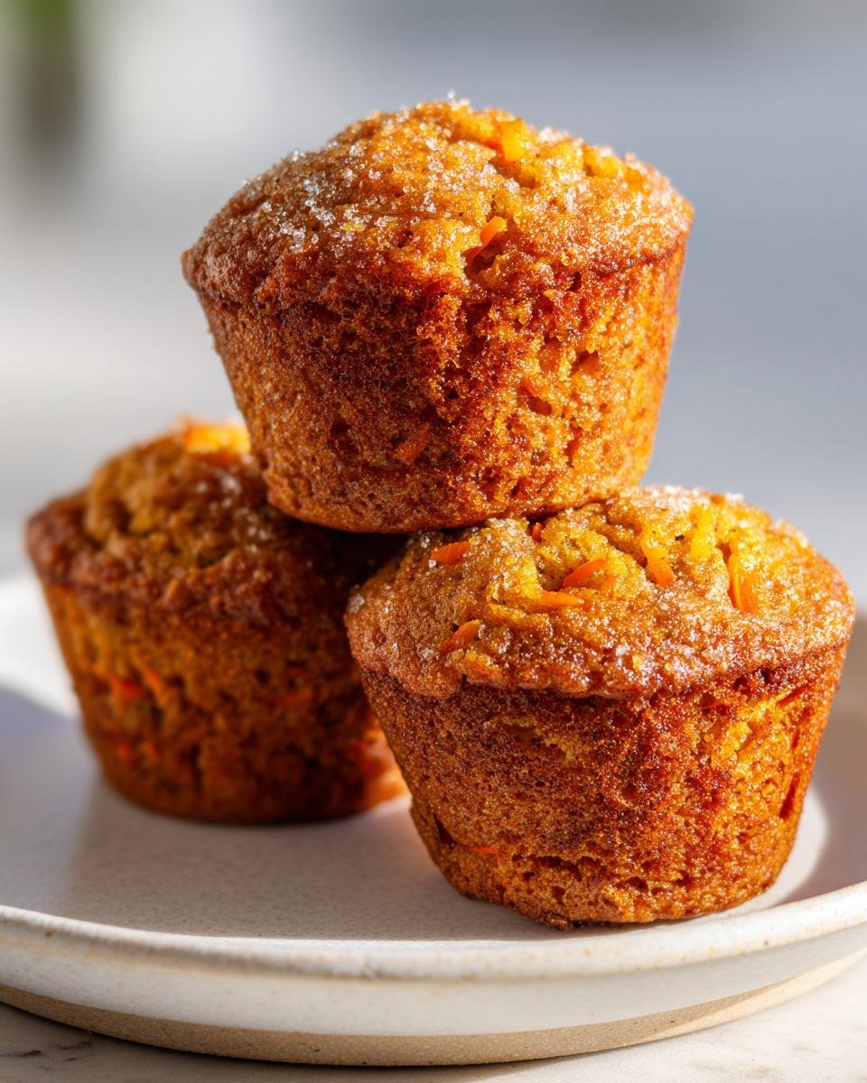 Three golden brown Carrot Muffins stacked on a white plate, topped with sparkling sugar crystals.
