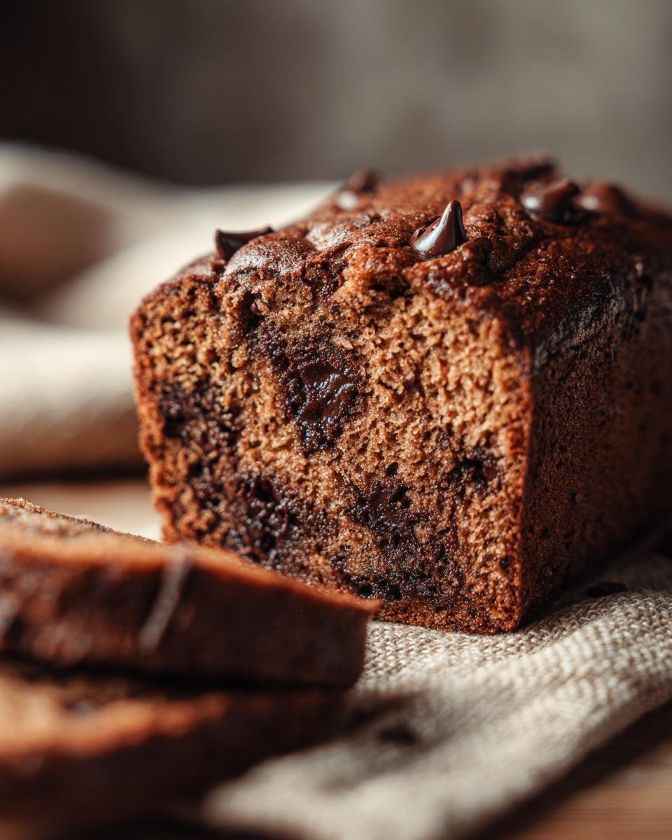 A rich, dark Chocolate Banana Bread loaf, sliced, showing melted chocolate chips throughout the crumb.