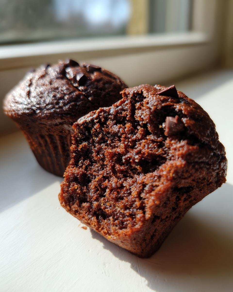 Close-up of a Chocolate Banana Muffins cut in half showing the moist, dark crumb and chocolate chips.