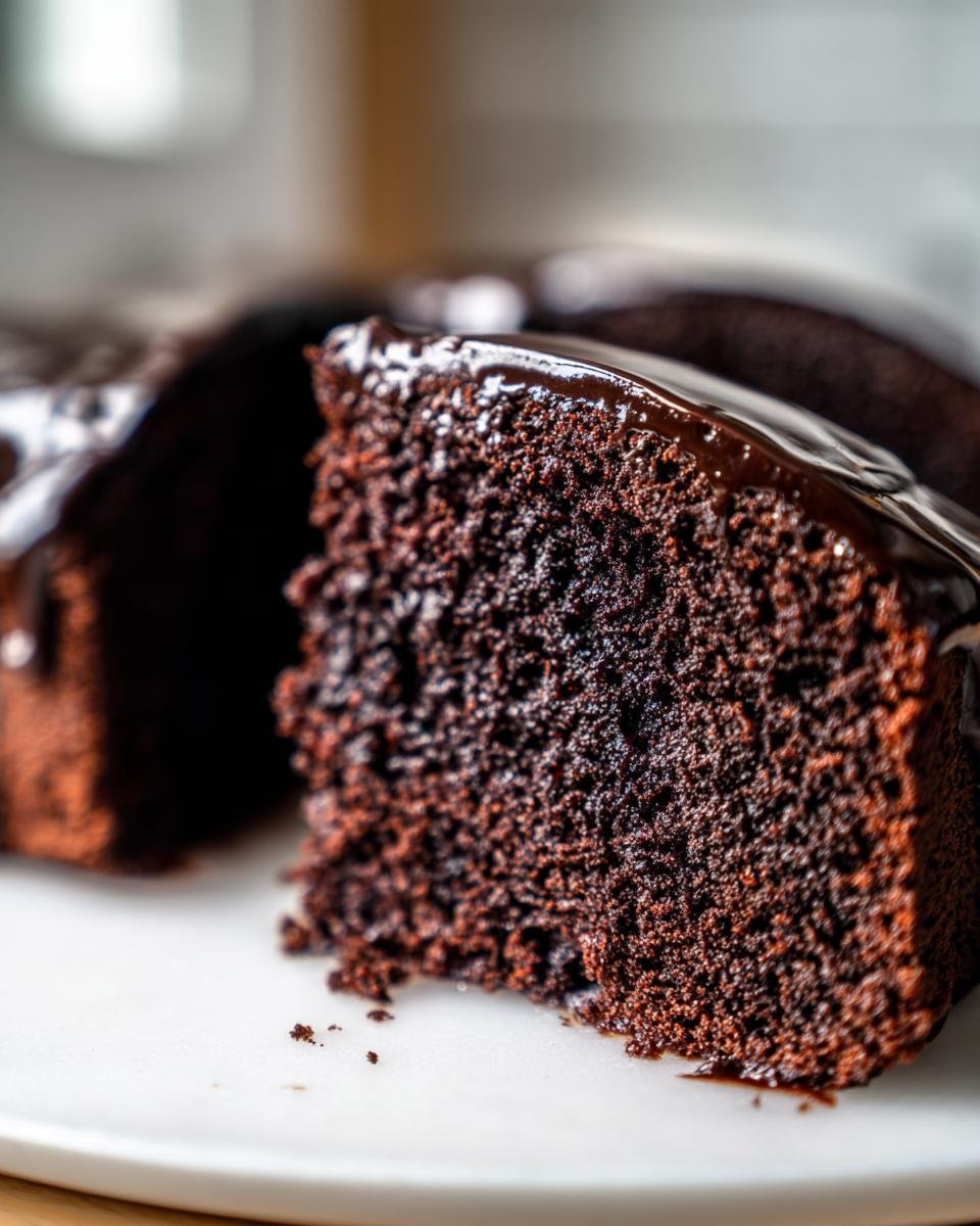 Close-up of a moist slice of dark Chocolate Cake topped with a shiny, dripping chocolate glaze.