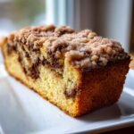 A close-up of a moist slice of Chocolate Chip Coffee Cake with a thick, sugary crumb topping.