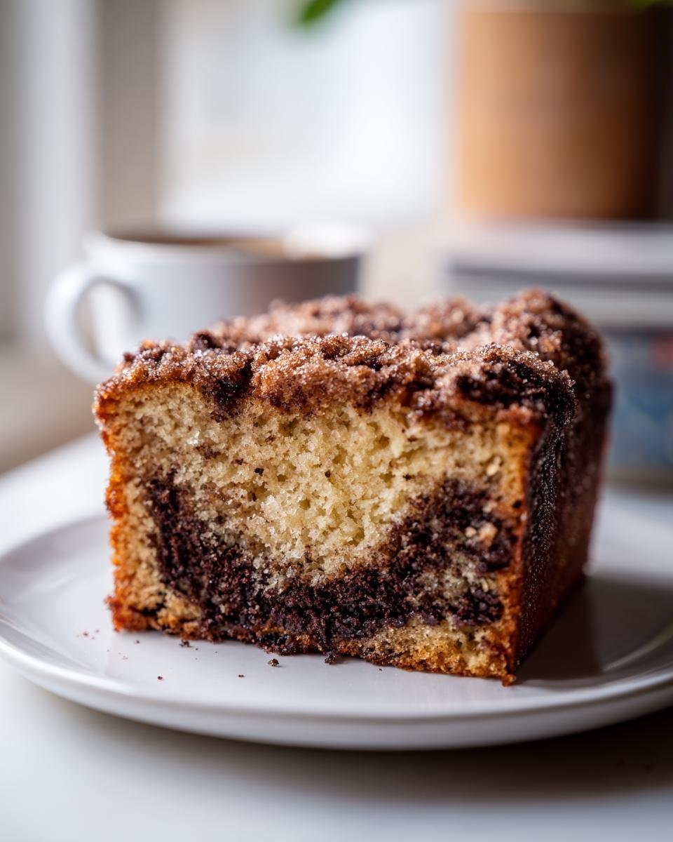 Close-up of a moist slice of Chocolate Chip Coffee Cake featuring a marbled chocolate swirl and a thick, sugary cinnamon streusel topping.