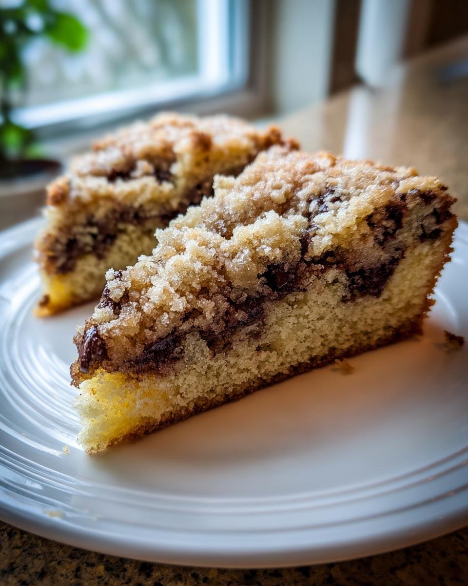 Close-up of a moist slice of Chocolate Chip Coffee Cake with a crumbly streusel topping.