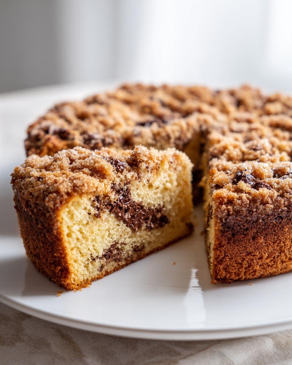 A slice cut from a Chocolate Chip Coffee Cake showing a moist interior and thick streusel topping.