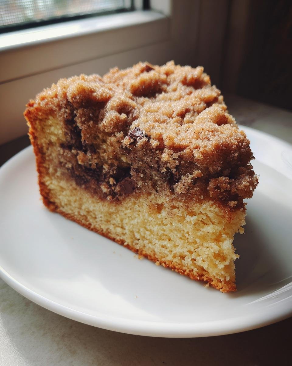 A close-up of a moist slice of Chocolate Chip Coffee Cake with a thick, crumbly streusel topping.