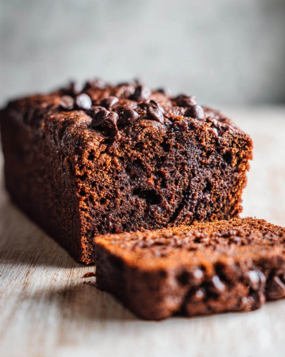 A moist loaf of Chocolate Zucchini Bread, sliced to show the rich interior and topped with melted chocolate chips.