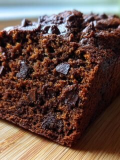 Close-up of a rich, dark Chocolate Zucchini Bread loaf studded with chocolate chips on a wooden cutting board.
