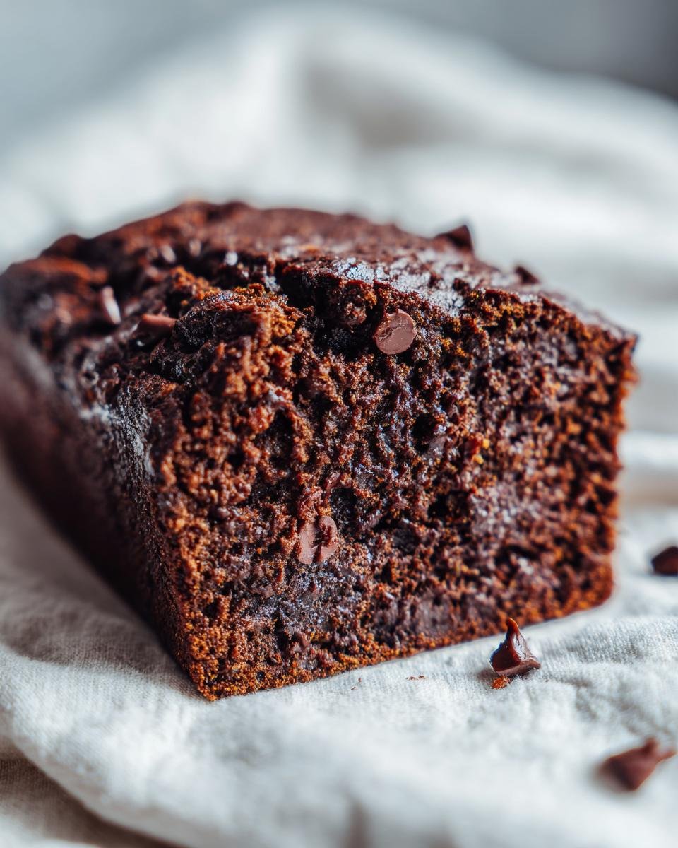 Close-up of a moist, dark Chocolate Zucchini Bread loaf studded with chocolate chips on a light cloth.