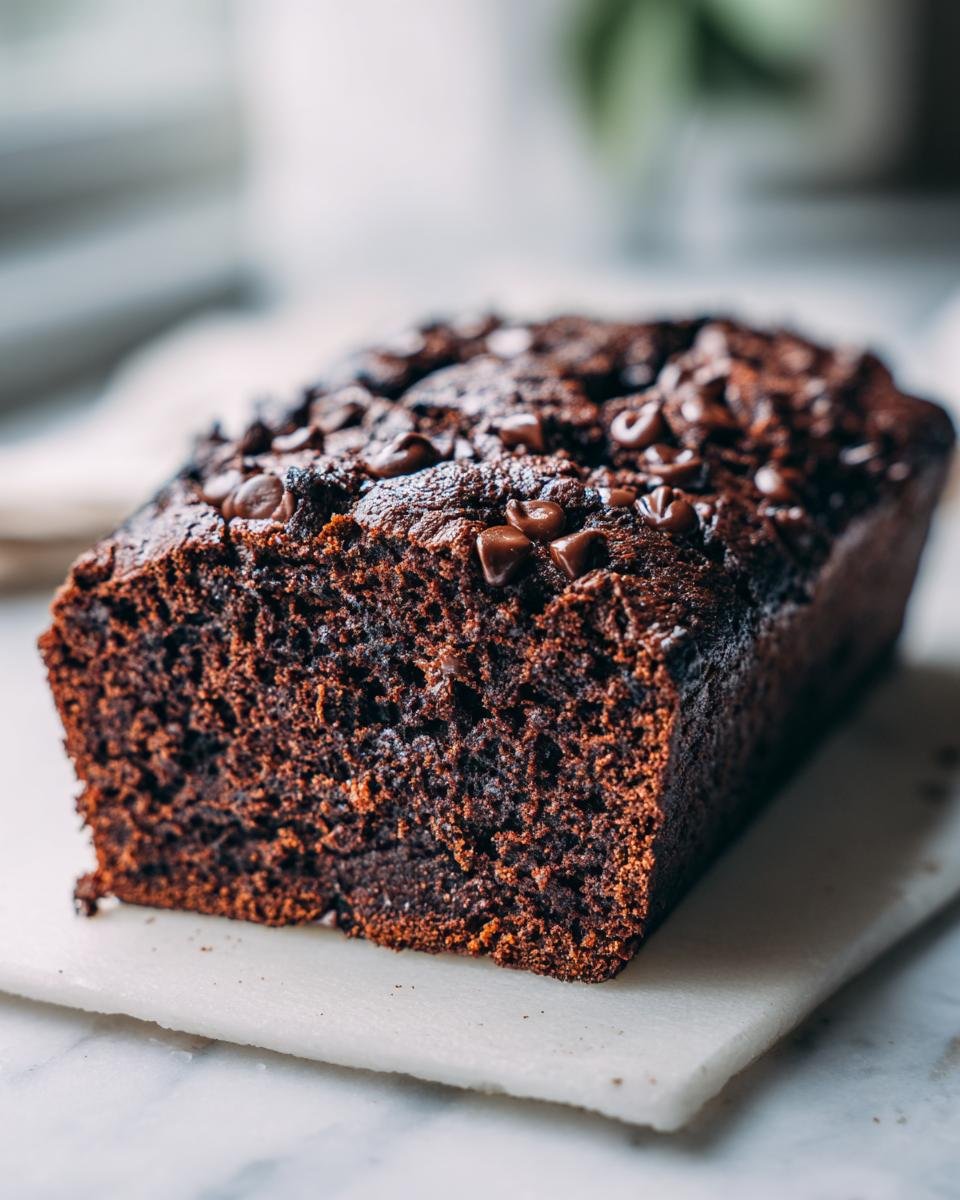 Close-up of a dark, moist Chocolate Zucchini Bread loaf topped with melted chocolate chips.