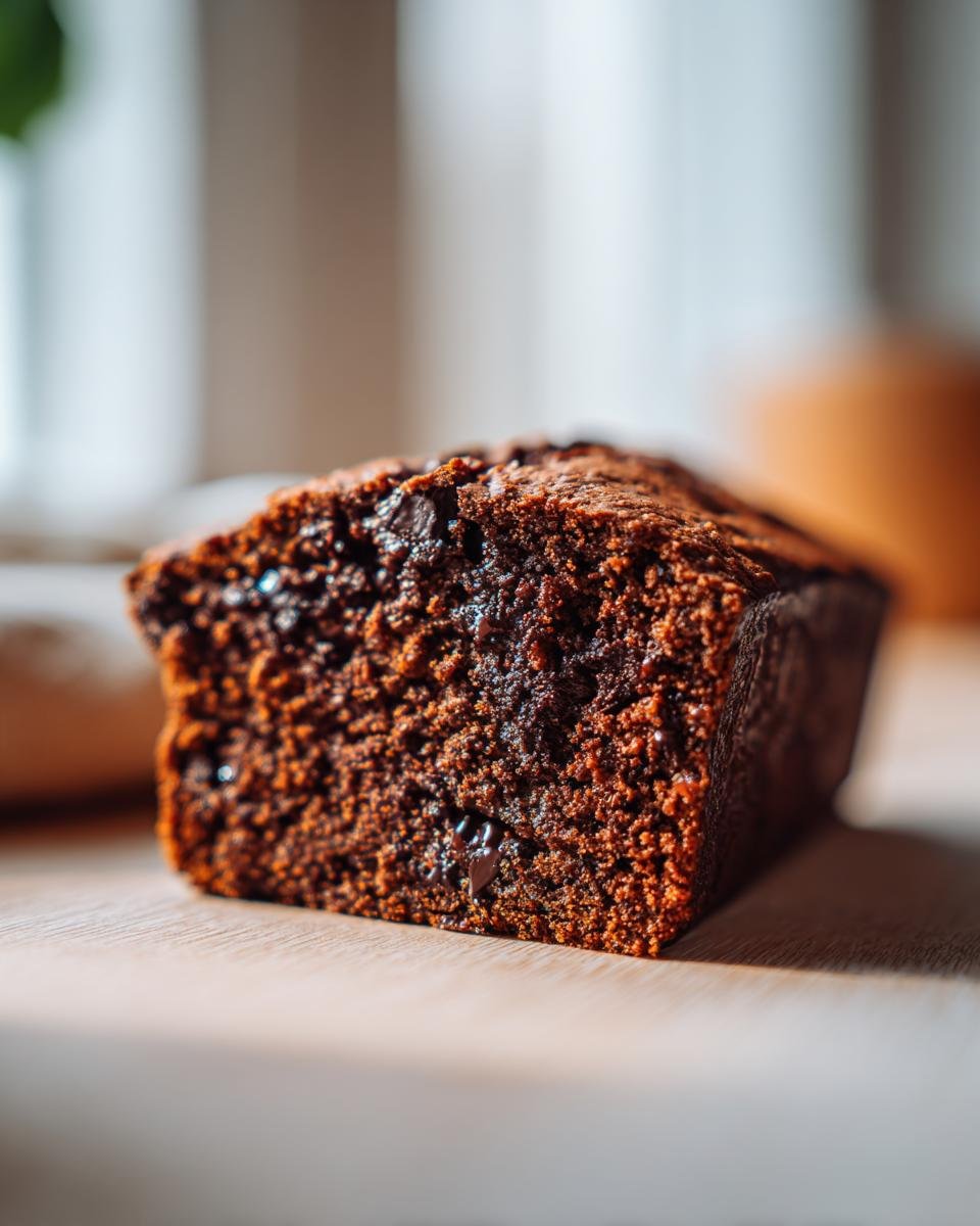 Close-up of a moist, dark brown slice of Chocolate Zucchini Bread showing melted chocolate chips.