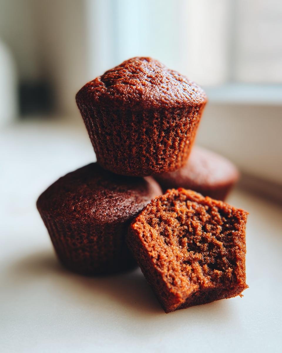 A stack of rich, dark brown Gingerbread Muffins with one cut in half showing the moist crumb texture.