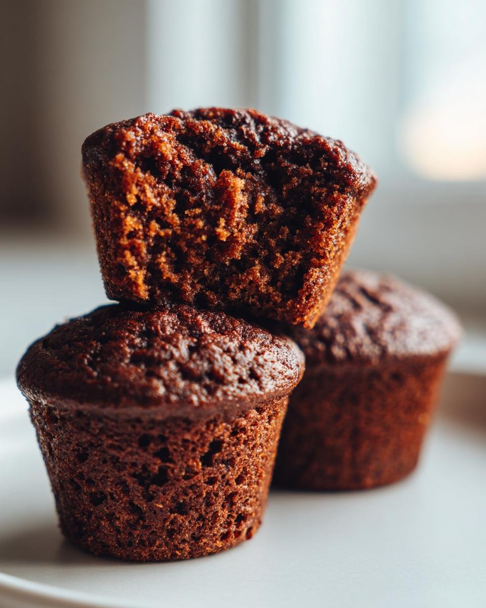Close-up of three dark, moist Gingerbread Muffins stacked on a white plate, one broken open to show the texture.