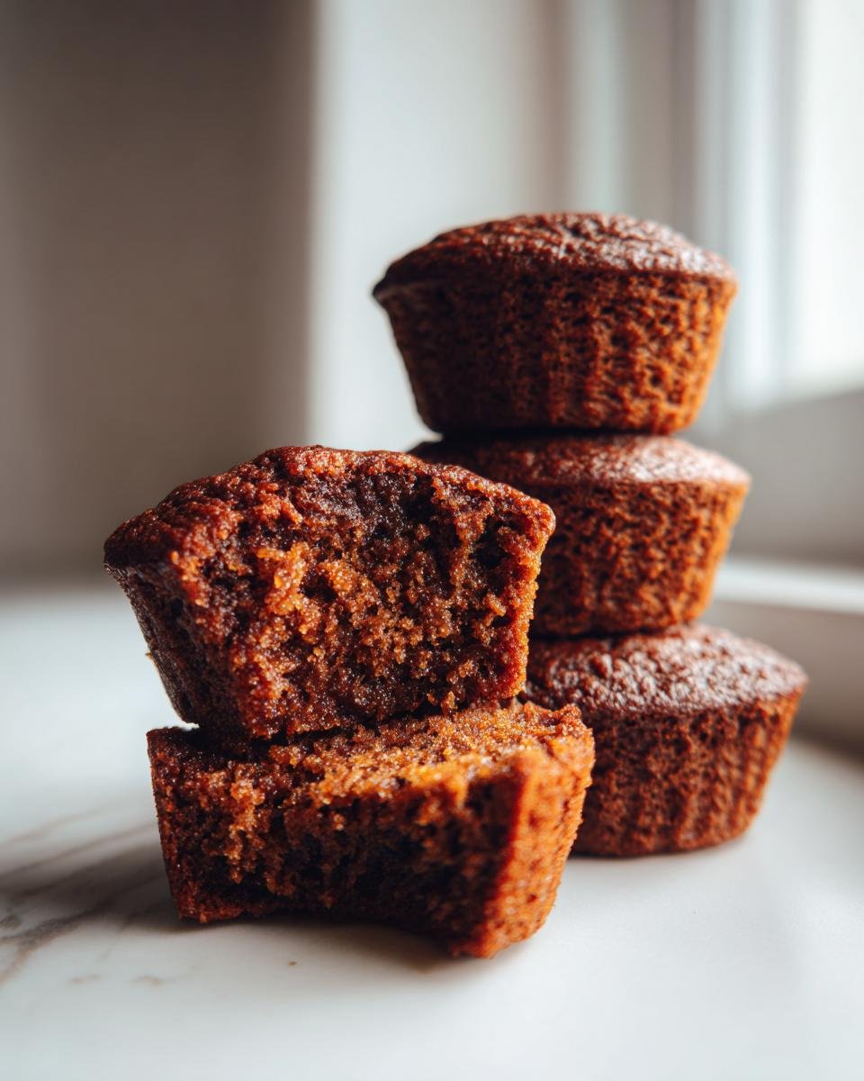 A stack of dark brown, moist Gingerbread Muffins, with one cut open to show the rich interior texture.
