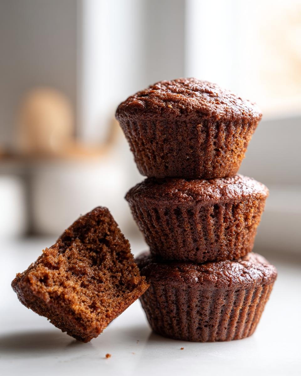 A stack of three dark brown, moist Gingerbread Muffins next to a piece cut in half showing the soft interior.