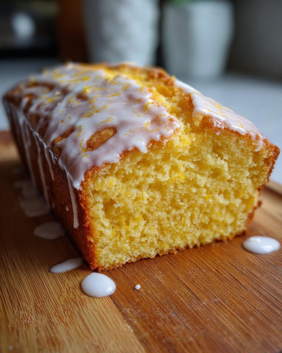 Close-up of a moist, yellow Lemon Loaf Cake topped with white glaze and lemon zest.