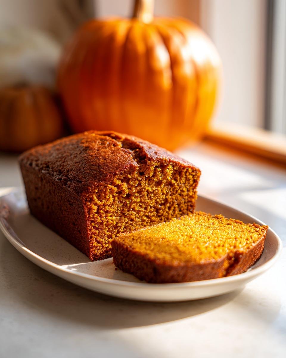 A loaf of rich, dark orange Pumpkin Bread with one slice cut and resting beside it on a white plate.