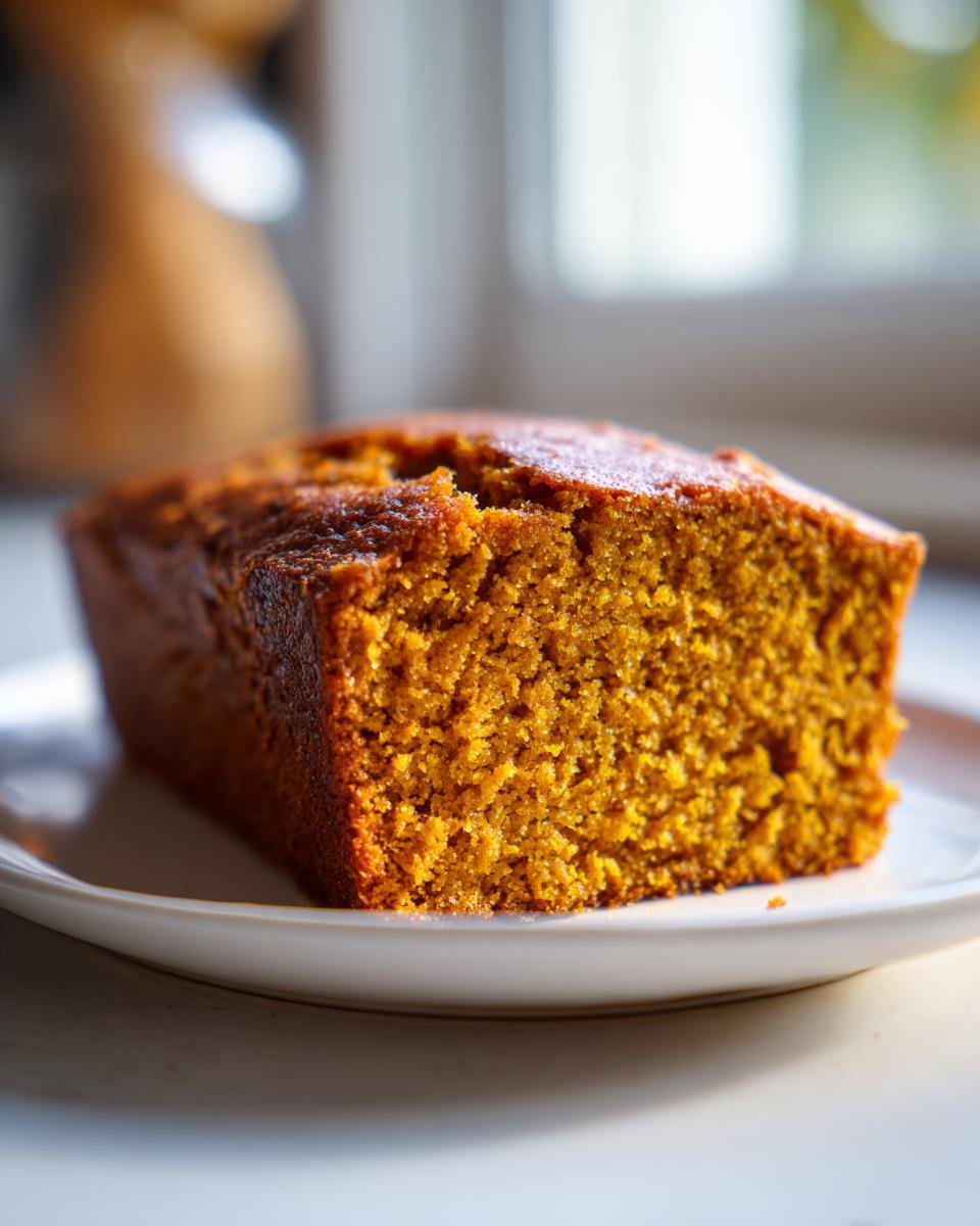 A close-up of a moist, orange-hued slice of homemade Pumpkin Bread resting on a white plate.