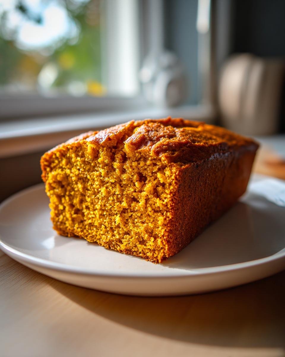 A moist, golden-brown slice of homemade Pumpkin Bread resting on a white plate near a sunny window.