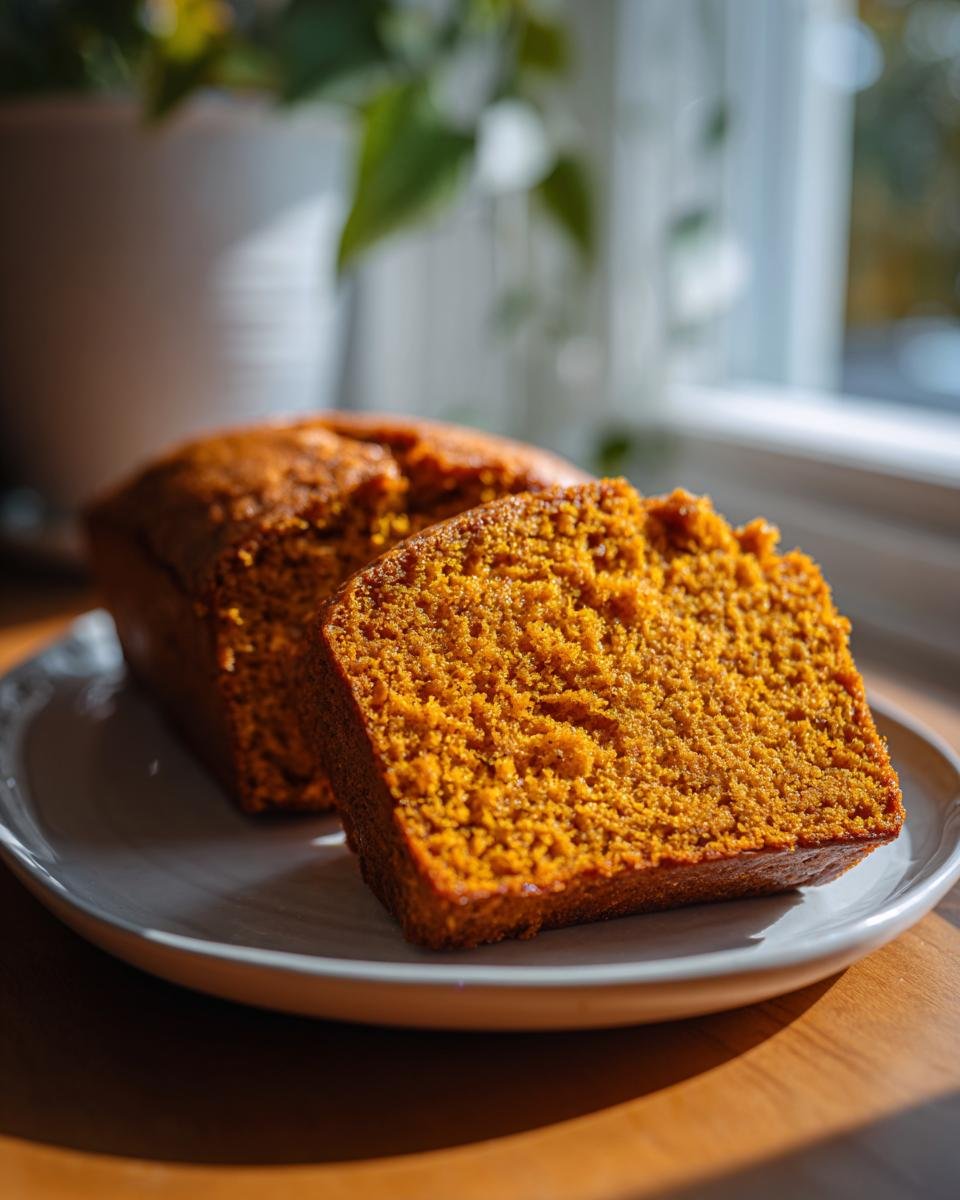 Close-up of a thick slice of moist Pumpkin Bread next to the loaf on a white plate.