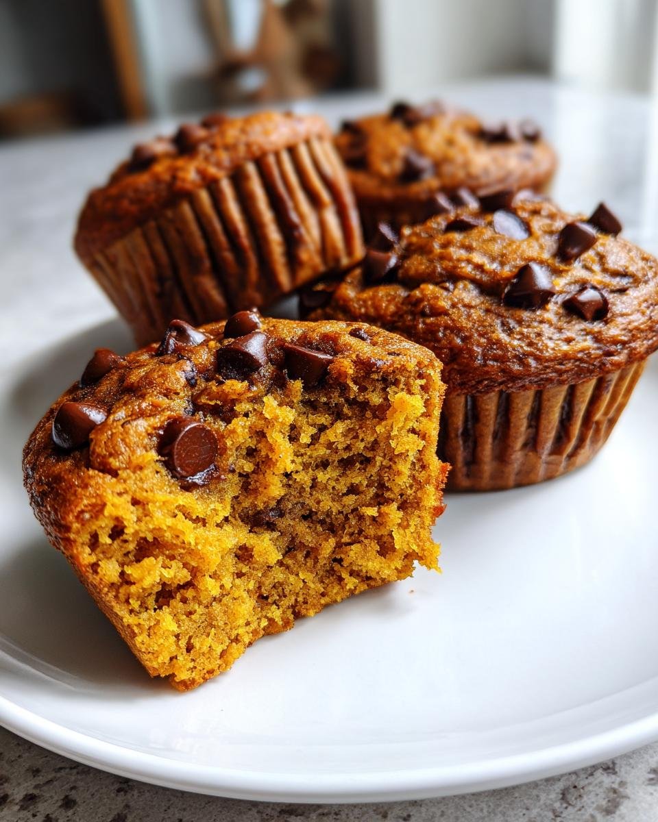 Close-up of moist Pumpkin Chocolate Chip Muffins on a white plate, one muffin is broken open showing the texture.