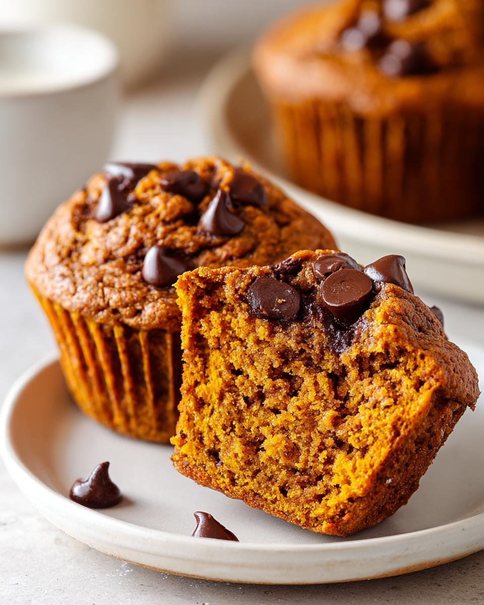 Close-up of a halved Pumpkin Chocolate Chip Muffins showing the moist, orange crumb and melted chocolate chips.