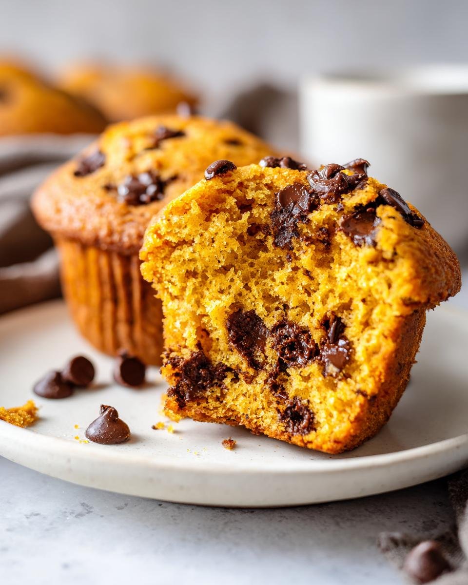 Close-up of a Pumpkin Chocolate Chip Muffin cut in half showing moist texture and melted chocolate chips.