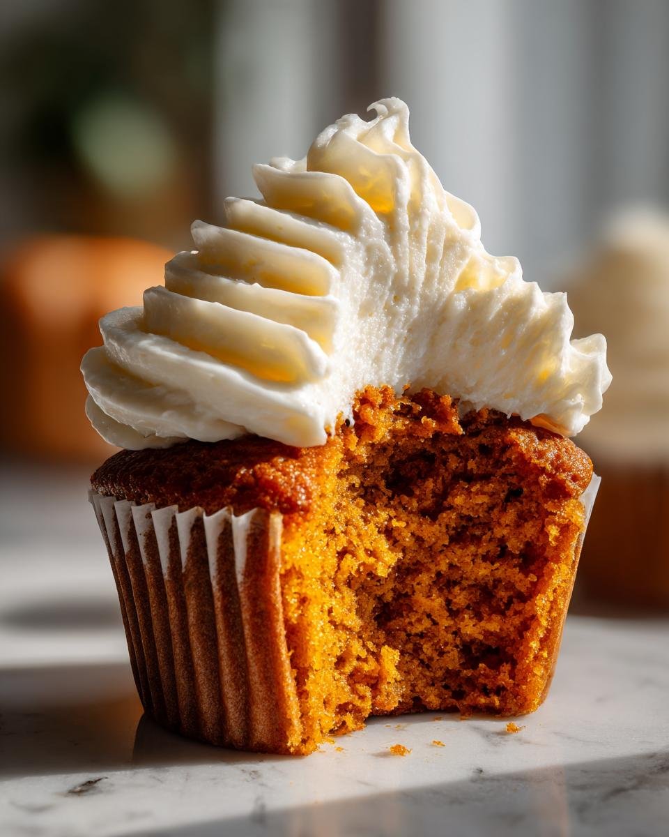 Close-up of a Pumpkin Cupcake Cake with a bite taken out, showing the moist orange crumb and cream cheese frosting.