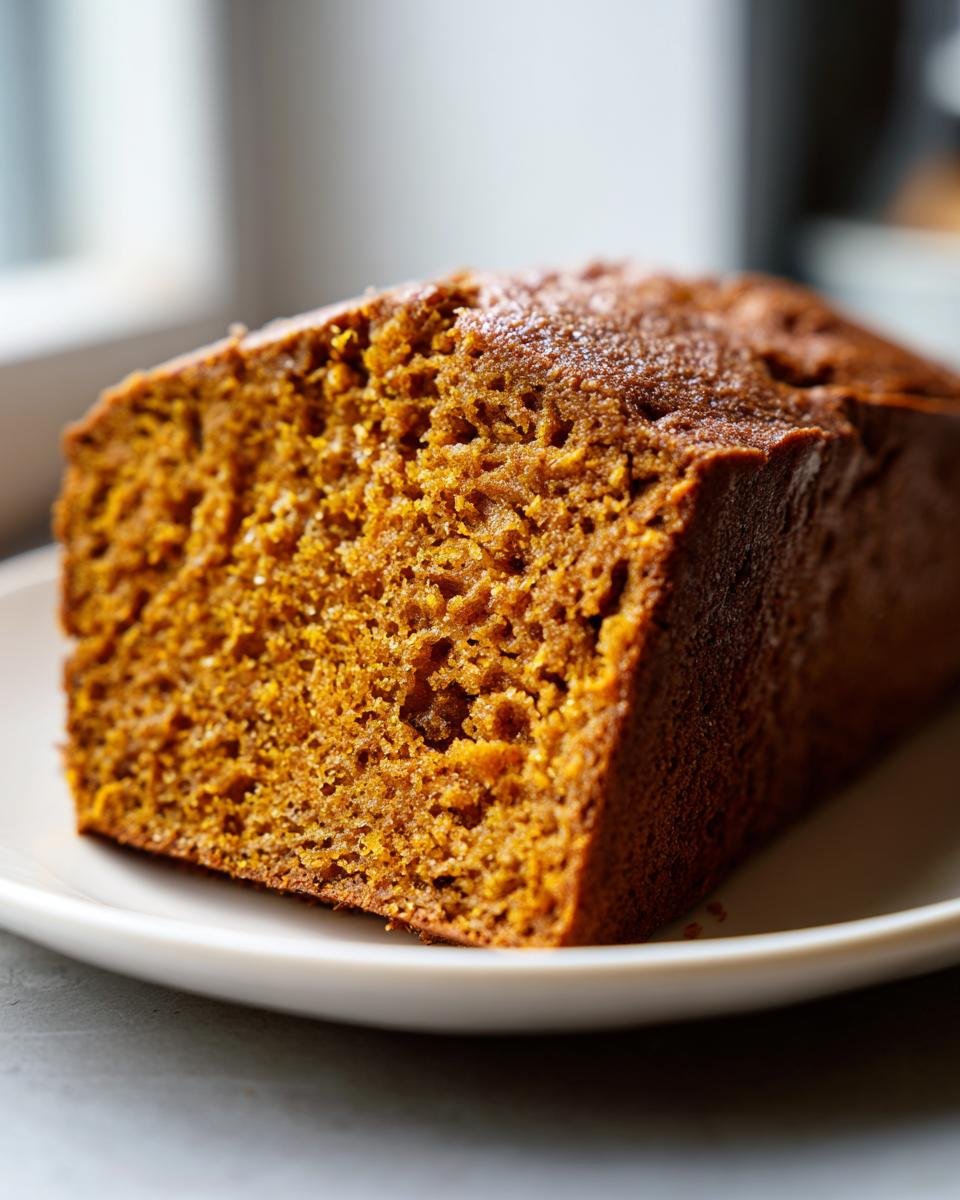 Close-up of a slice of moist Pumpkin Spice Bread showing its rich orange crumb texture.