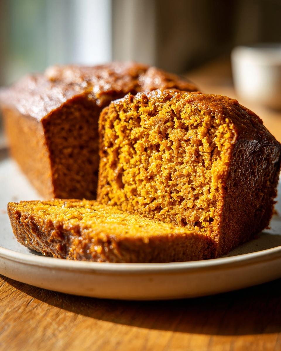 Close-up of a moist slice of Pumpkin Spice Bread showing its rich texture next to the rest of the loaf.