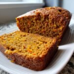 Close-up of a moist slice cut from a loaf of rich, orange Pumpkin Spice Bread on a white plate.