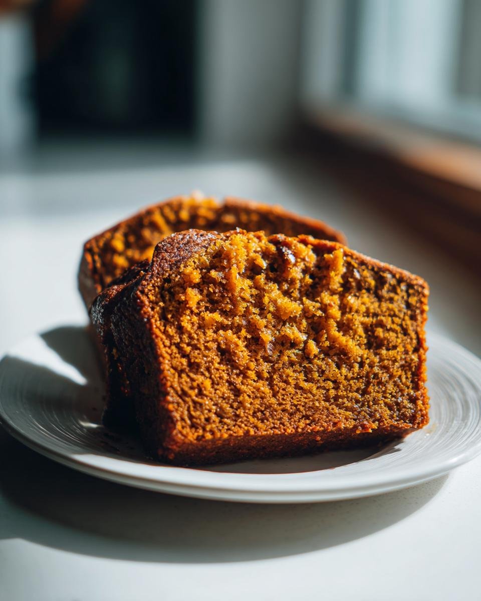 Close-up of a moist, dark orange slice of Pumpkin Spice Bread resting on a white plate in bright sunlight.