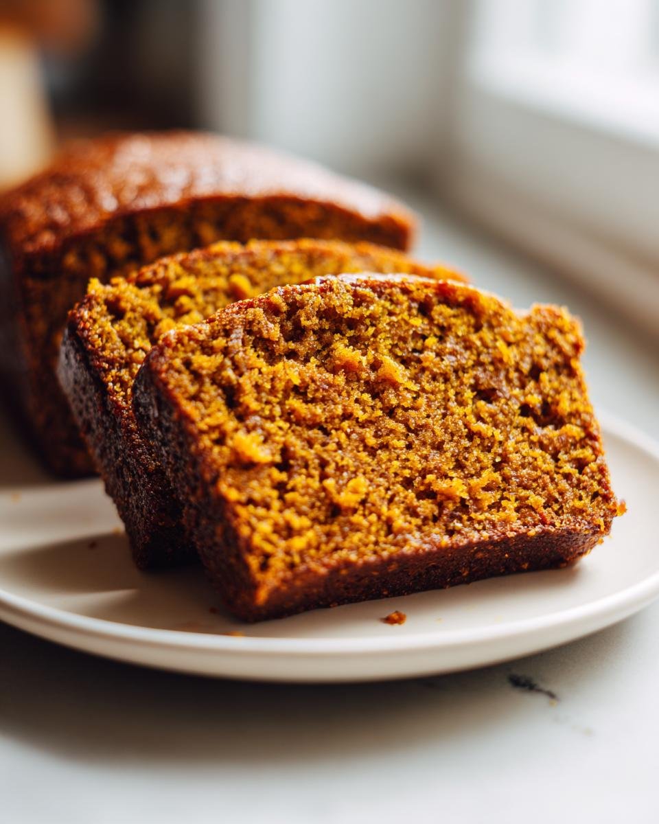 Close-up of two moist slices of rich, dark Pumpkin Spice Bread served on a white plate.
