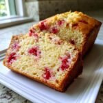 Close-up of a moist slice of homemade Strawberry Bread showing bright red fruit pieces throughout the crumb.