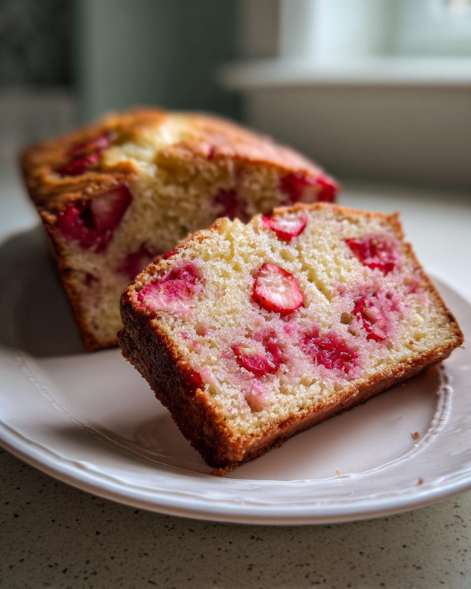 A thick slice of moist Strawberry Bread, studded with bright red strawberries, resting on a white plate.