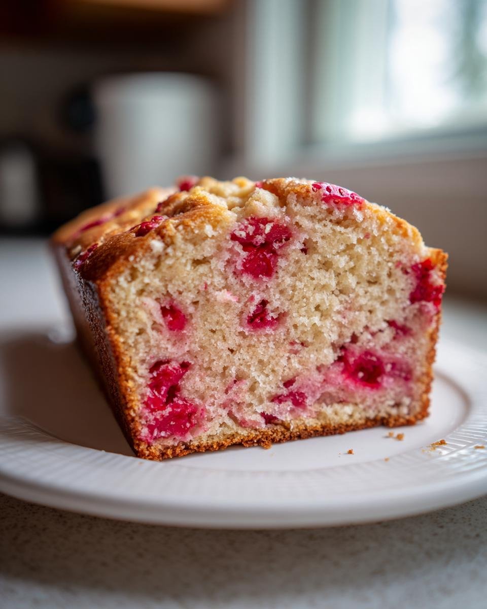 Close-up of a moist slice of homemade Strawberry Bread showing bright red berries baked into the tender crumb.