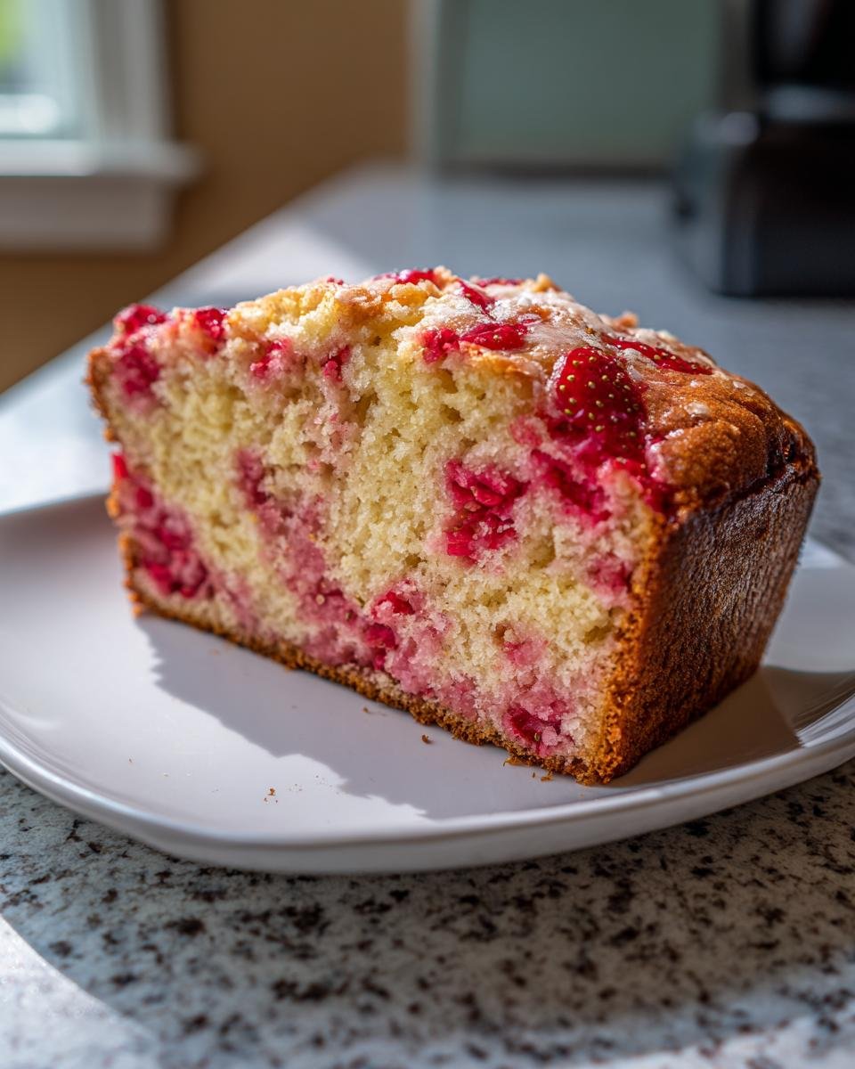 A thick slice of moist Strawberry Bread showing bright pink swirls of baked strawberries in a golden crumb.