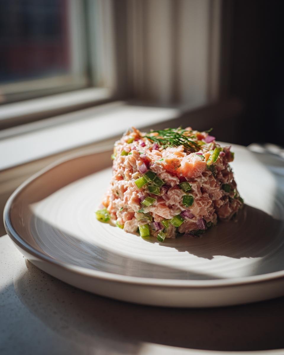 A molded serving of Chopped Salmon Salad mixed with red onion and green onion, garnished with dill.