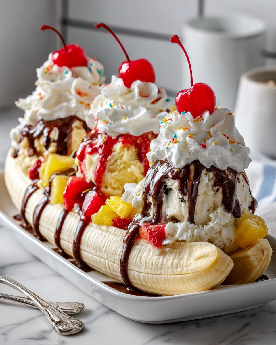 A classic banana split featuring three scoops of ice cream, topped with whipped cream, chocolate syrup, fruit, and cherries, embodying My Fave Childhood Banana Split.