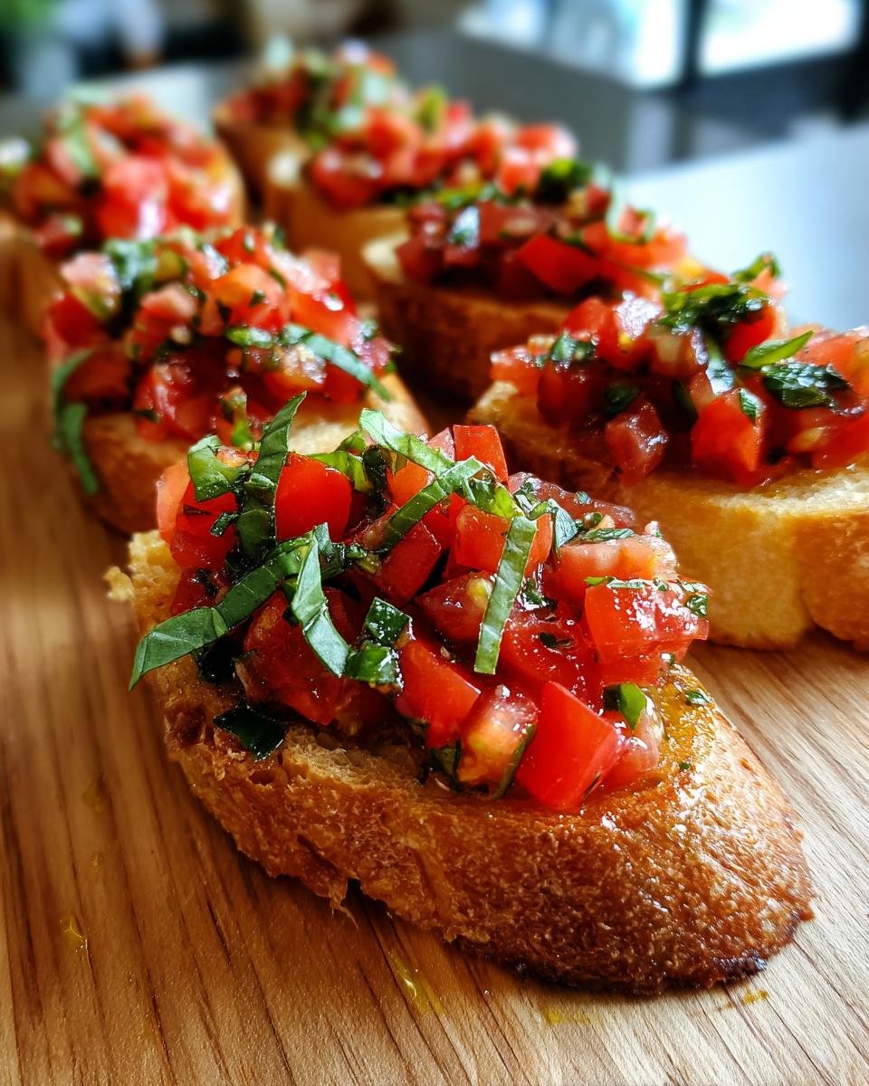 Close-up of several slices of My Fave Easy Classic Bruschetta topped with diced tomatoes and fresh basil on a wooden board.