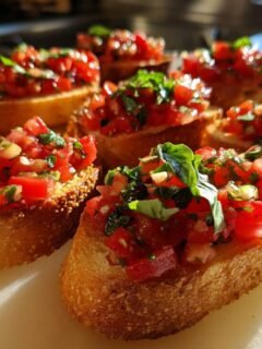 Close-up of several slices of My Fave Easy Classic Bruschetta topped with fresh diced tomatoes and basil.