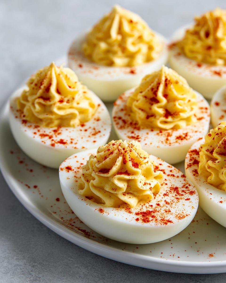 Close-up of perfectly piped My Favorite Deviled Eggs sprinkled with paprika on a white plate.