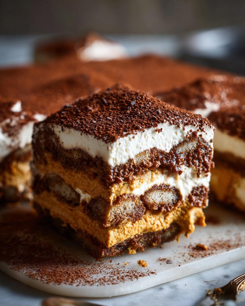 A rich, layered slice of Irresistible No Bake Pumpkin Spice Tiramisu topped with cocoa powder.