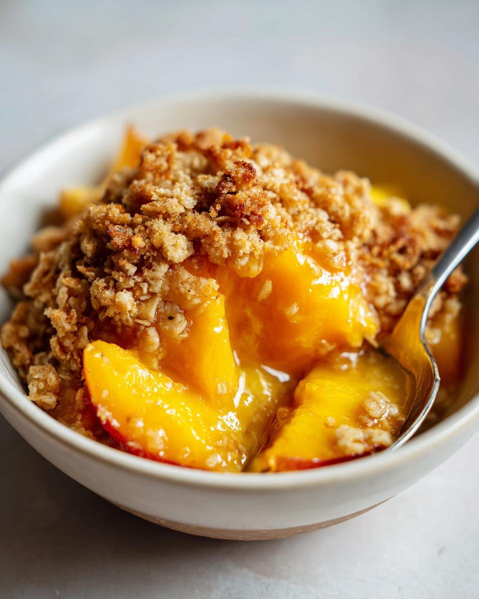 Close-up of a warm serving of Not Your Average Peach Crisp, featuring juicy peaches and a crunchy oat topping.