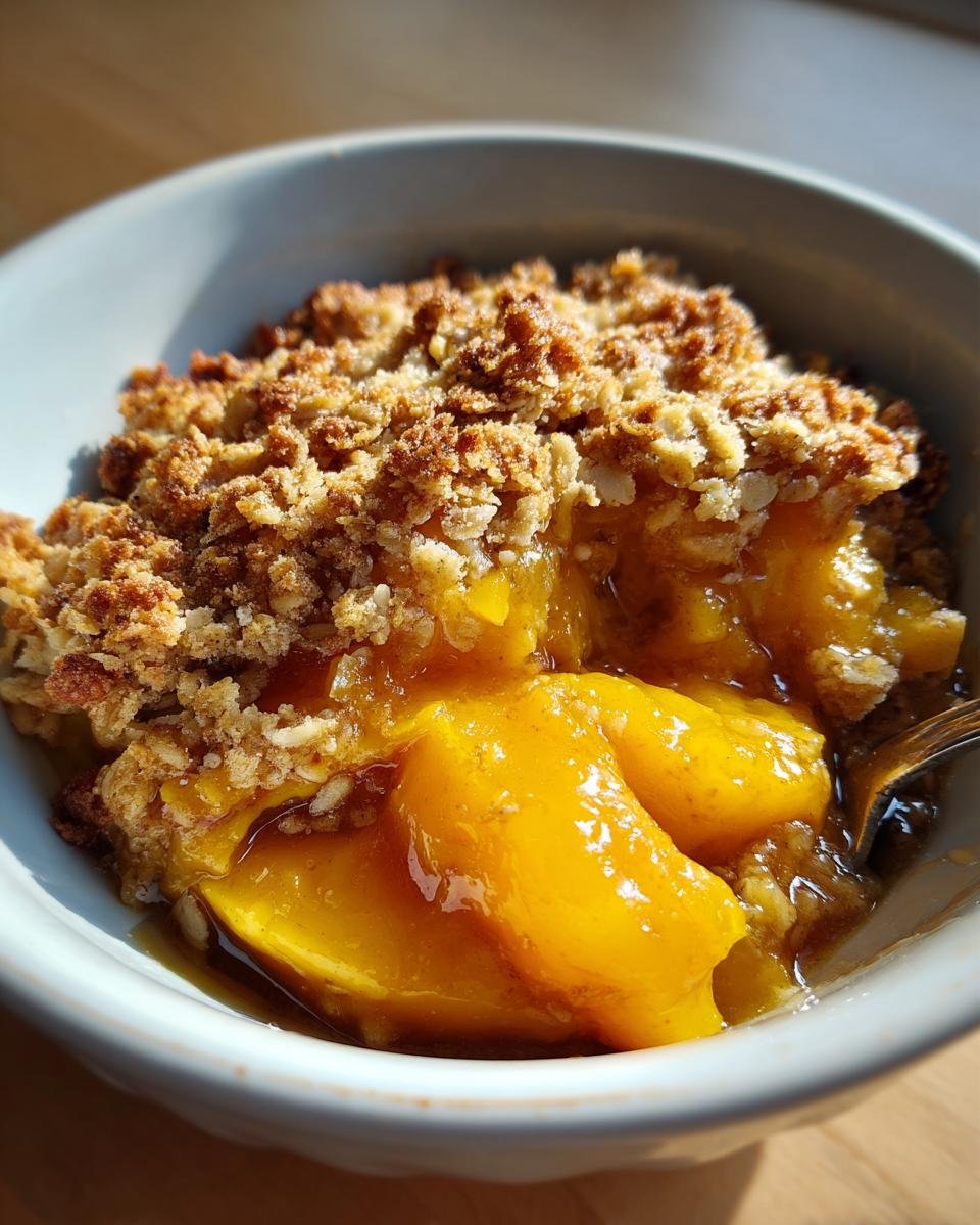 Close-up of a warm serving of Not Your Average Peach Crisp with gooey peaches and crunchy topping.